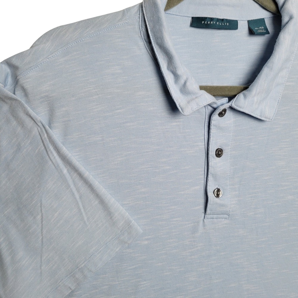 Perry Ellis Mens 3 Button Polo Shirt XL Light Blue Pima Cotton Casual Soft